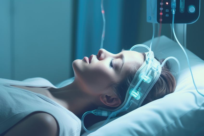A woman laying in a hospital bed wearing headphones.